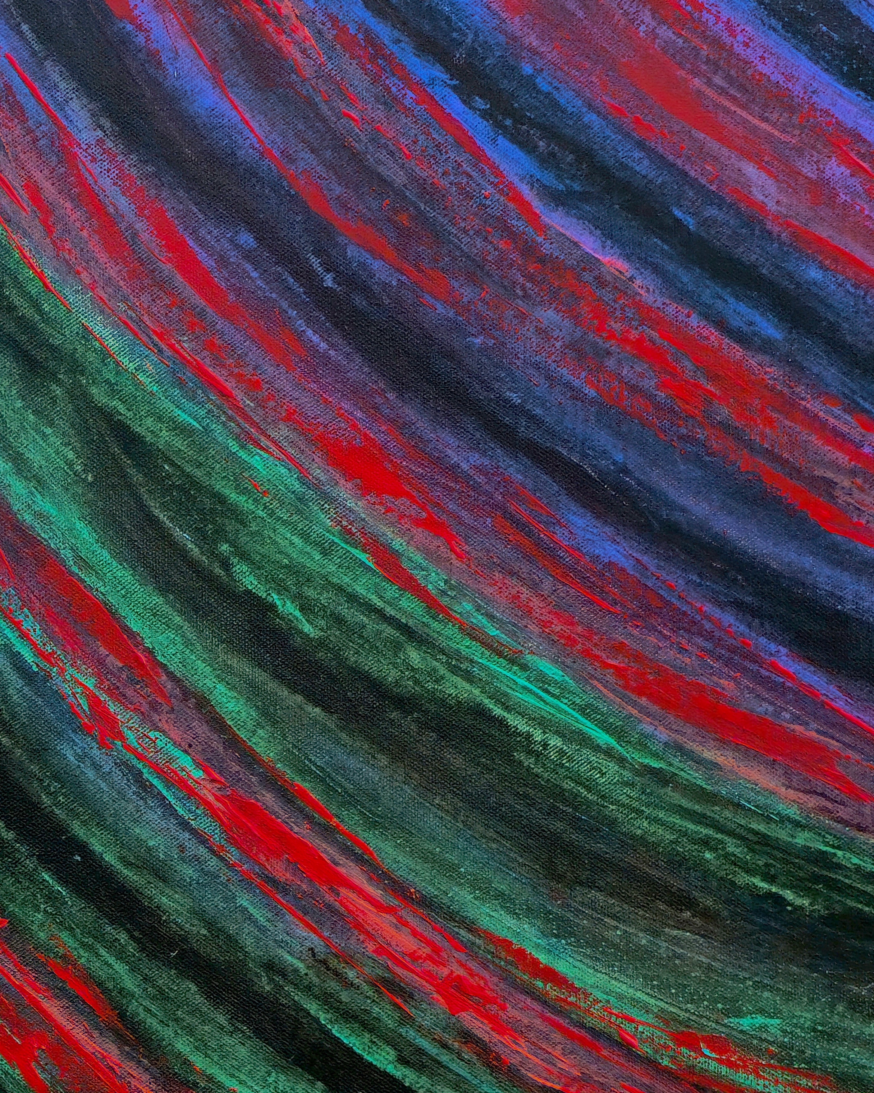 Close-up detail of Undertow showing layered brushwork in crimson red, violet, and deep blue on textured canvas
