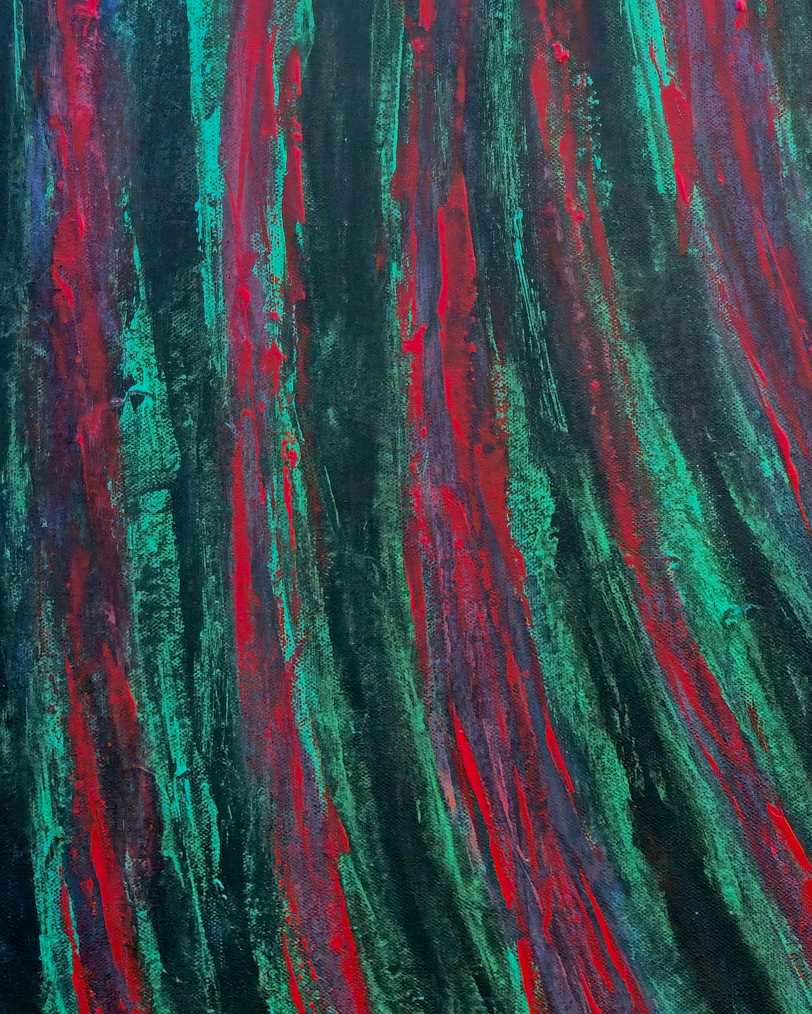 Detail shot of Undertow original painting showing rich teal and dark green brushstrokes with crimson accents