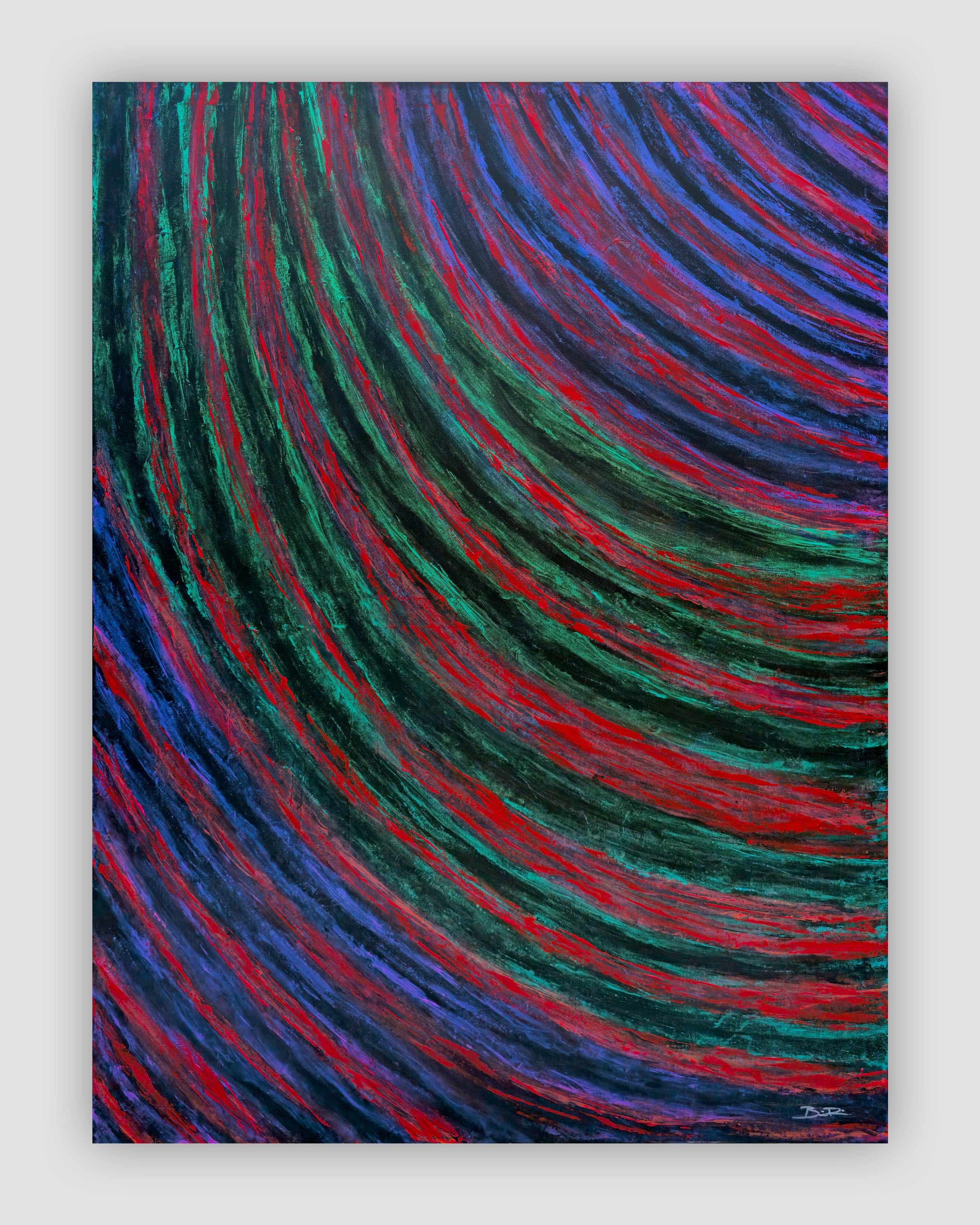 Undertow – original abstract canvas painting by Brian P Artwork, 36 by 48 inches, sweeping arcs of deep teal, crimson red, and violet