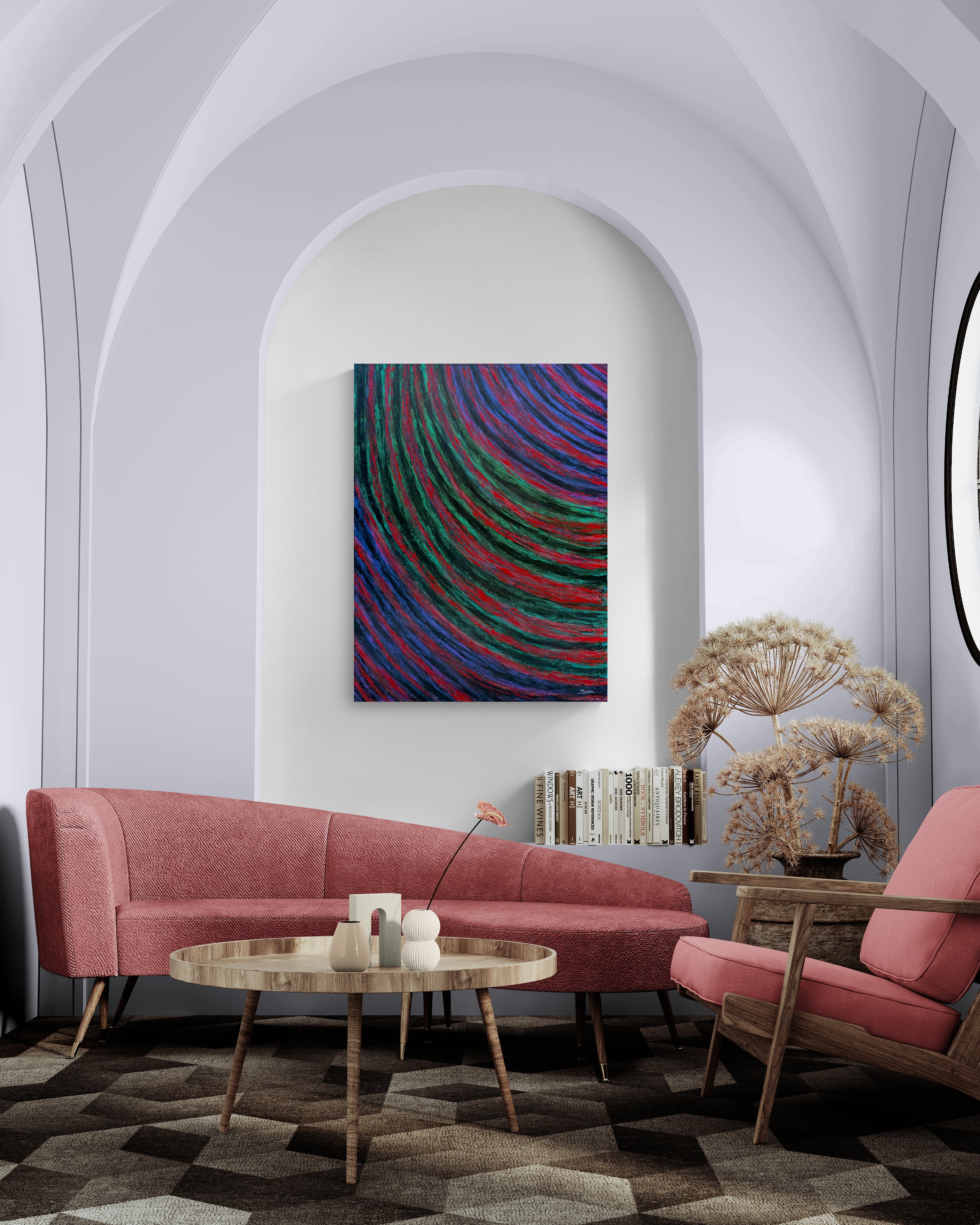 Undertow original abstract painting by Brian P Artwork displayed above a sofa in a modern living room with arched walls