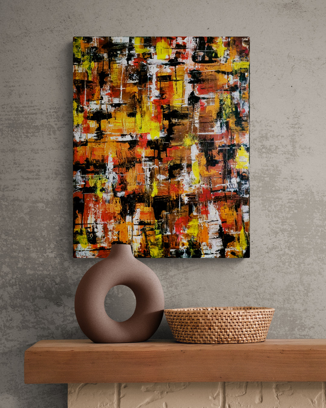 Aligning with Chaos original acrylic canvas painting featuring bold fiery oranges, reds, and yellows in dynamic abstract composition, 16x20 inches