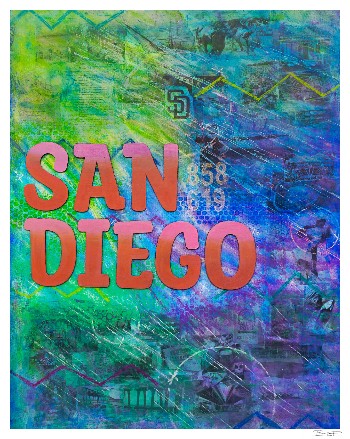 America's Finest City art print full view showing bold colors and mixed media-inspired composition