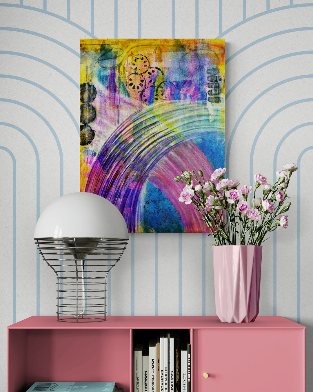 Currents of Thought original acrylic canvas painting with vibrant purples, blues, and yellows in a dynamic abstract composition, 18x24 inches