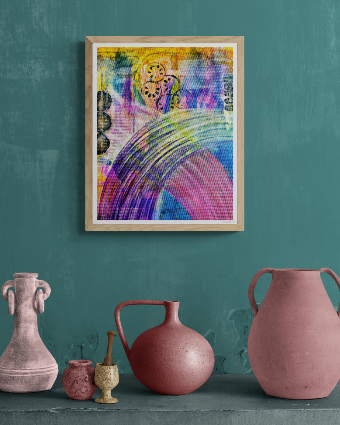 Currents of Thought limited edition giclée print displayed on a wall, vibrant purples, blues, and yellows