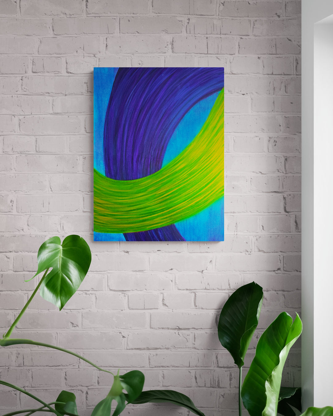 Duet of Ribbons original acrylic canvas painting featuring elegant green and purple ribbon forms in a calming abstract composition, 18x24 inches