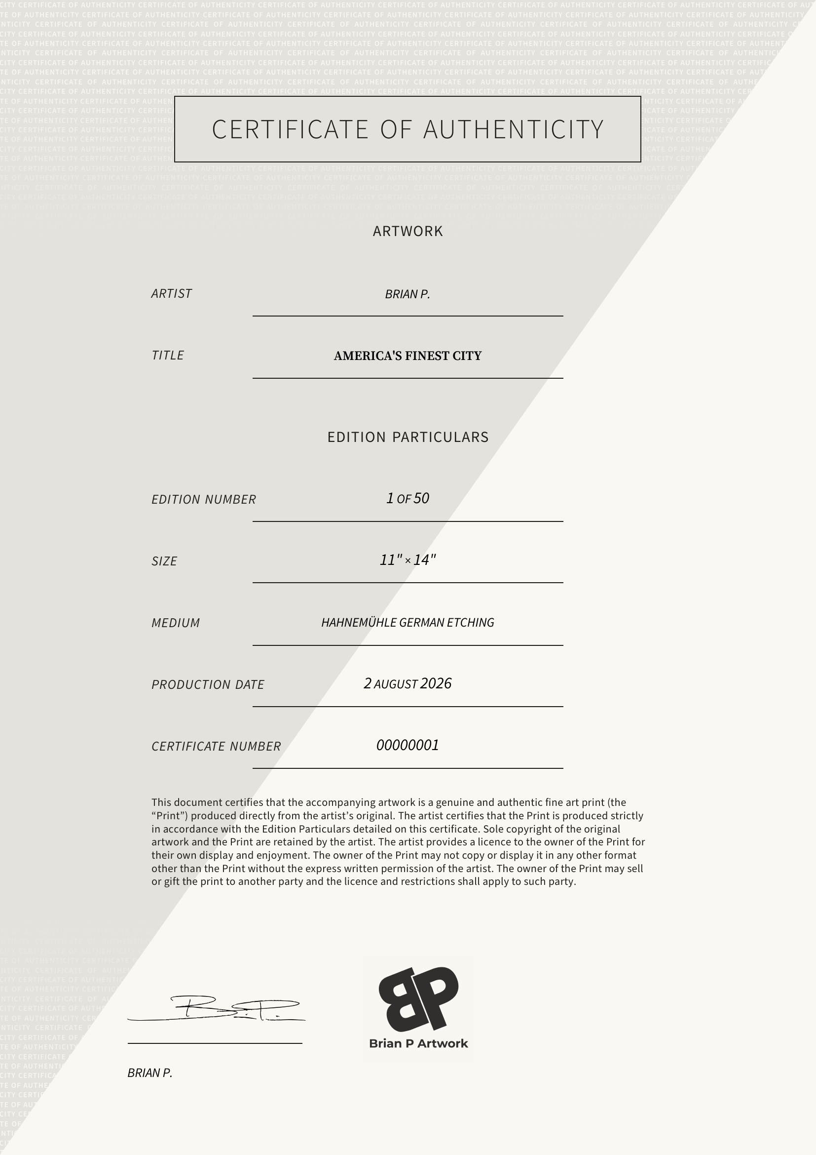 America's Finest City — Certificate of Authenticity