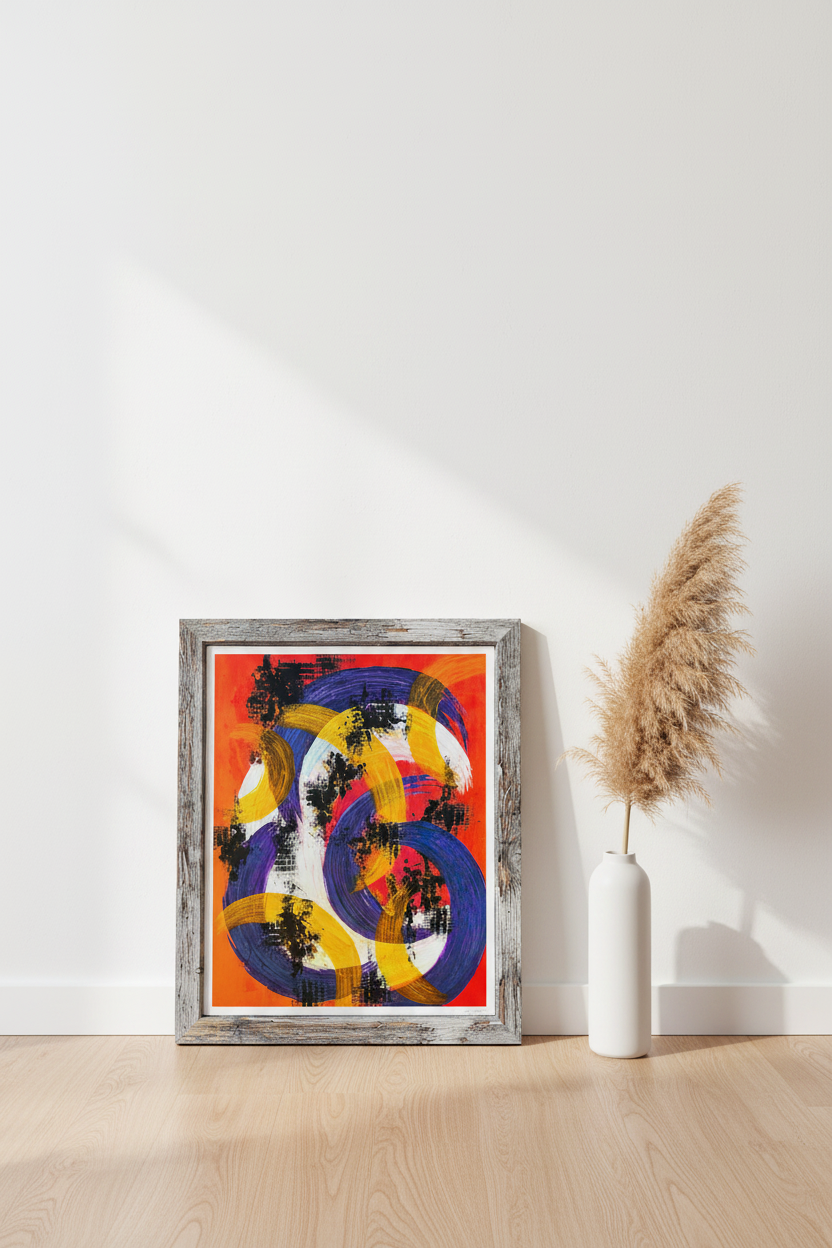 Fires of Imperial Crescent giclée print leaning against a white studio wall with pampas grass