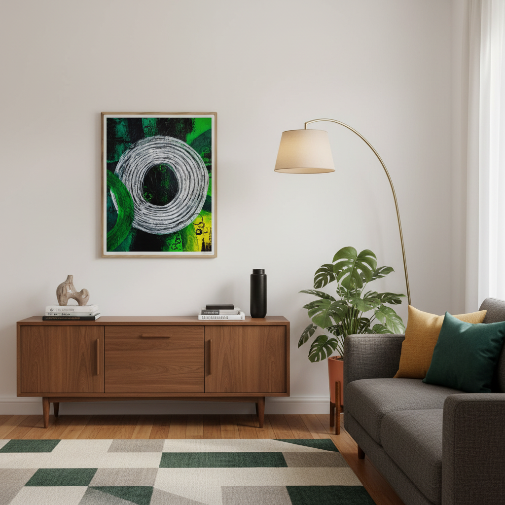 Rings of Distant Echoes giclée print hung on a warm white wall in a mid-century modern living room with walnut credenza and monstera plant