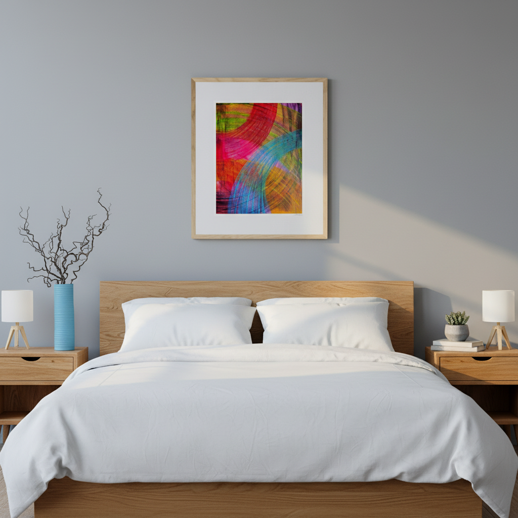 Pulse of Color giclée print hung on a grey-blue wall above a bed with white linen bedding in a modern bedroom