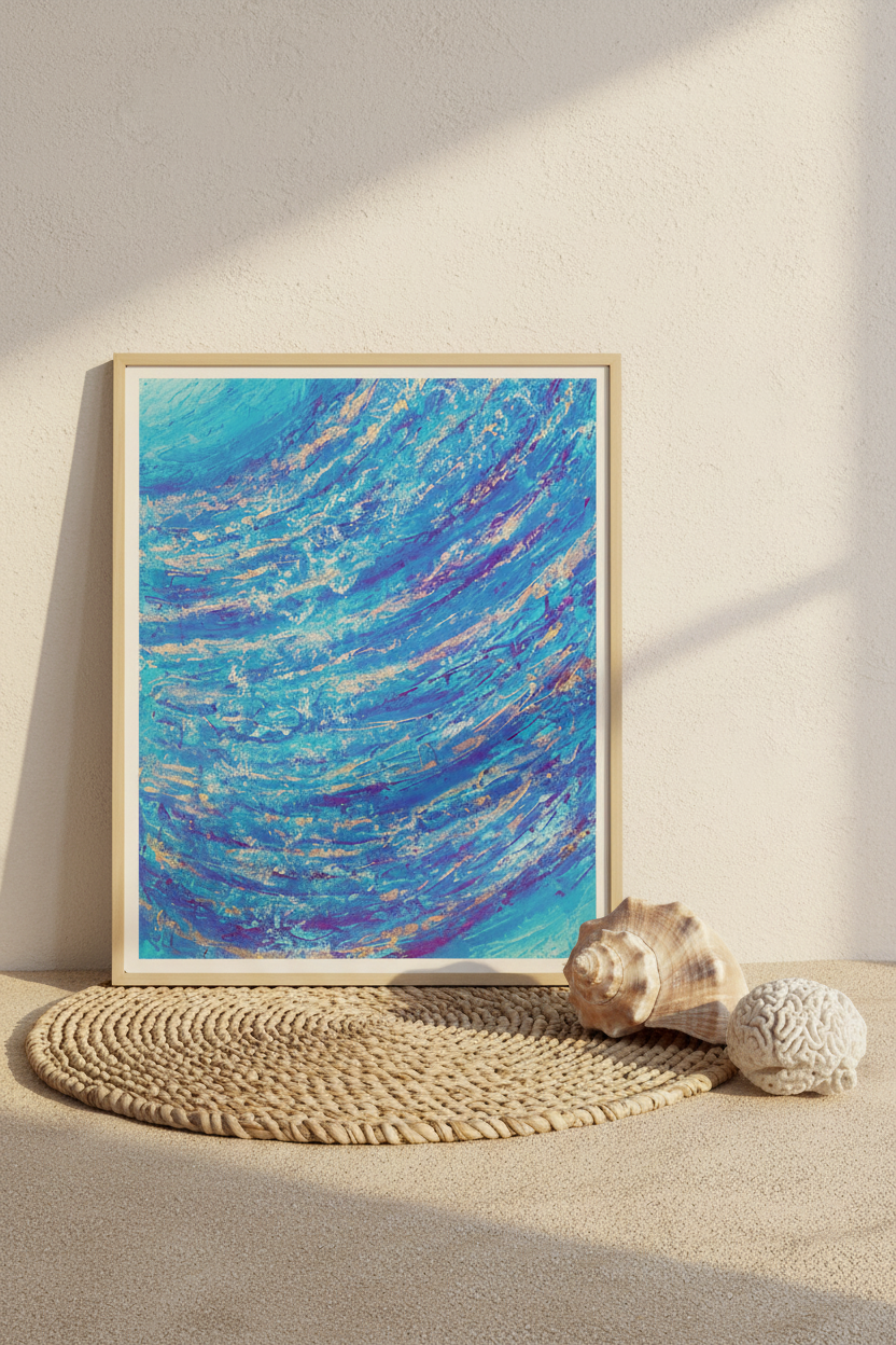Movement of the Night giclée print leaning against a sandy wall with seagrass mat and conch shell
