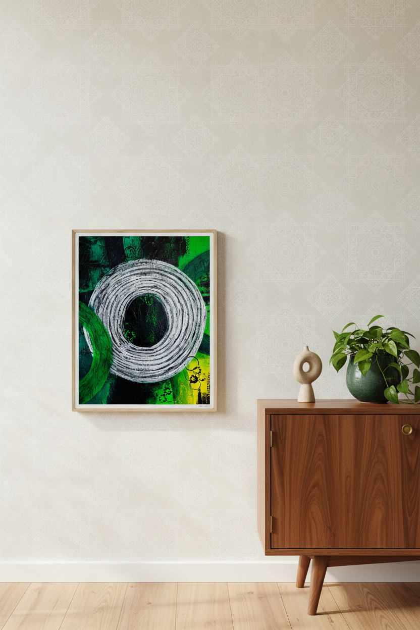 Rings of Distant Echoes giclée print leaning against a warm white wall on light wood floor with ceramic sculpture and trailing pothos
