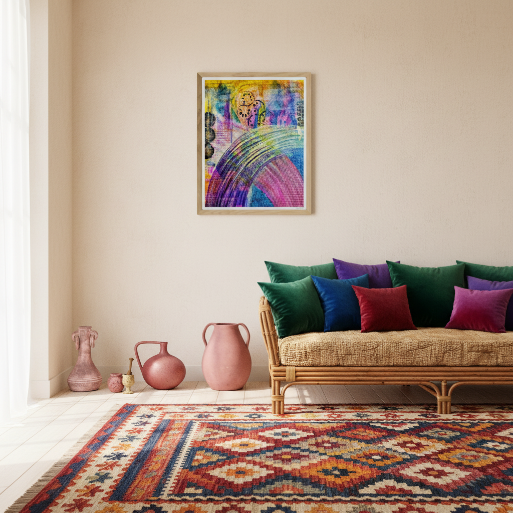 Currents of Thought giclée print hung on a warm white wall in a bright eclectic living room with kilim rug and rattan sofa