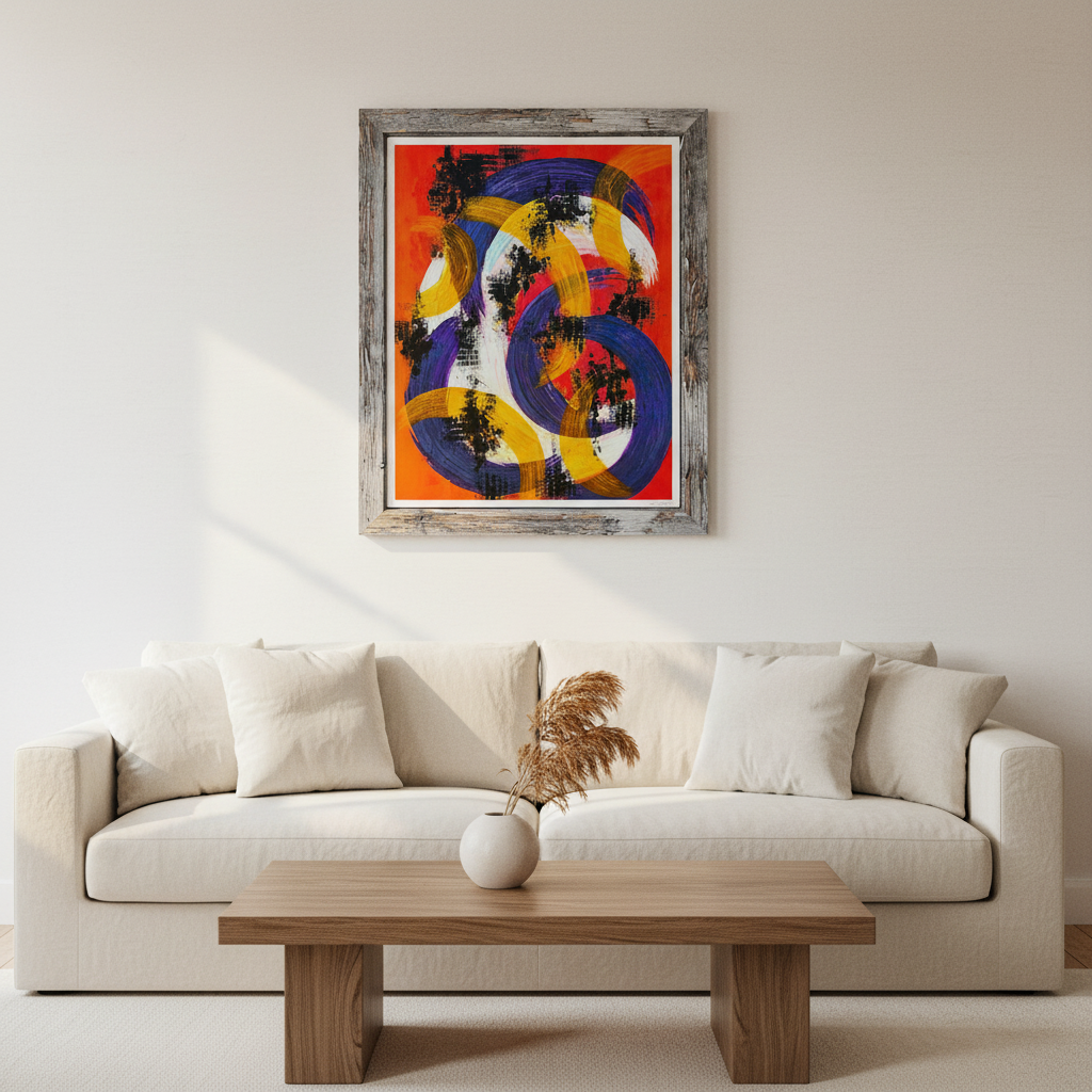 Fires of Imperial Crescent giclée print in a modern living room, hung above a cream linen sofa