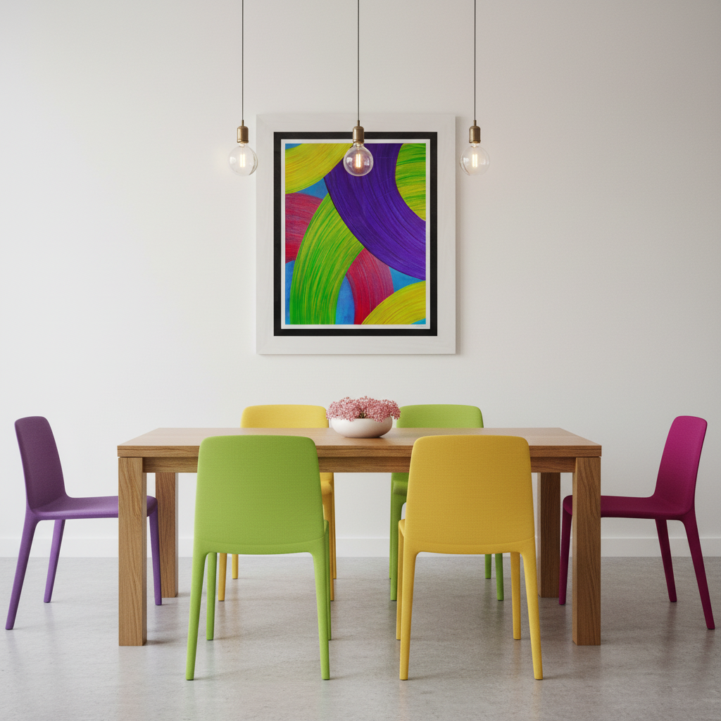 Ballet of Ribbons giclée print hung above a modern dining table with colorful chairs and warm pendant lighting