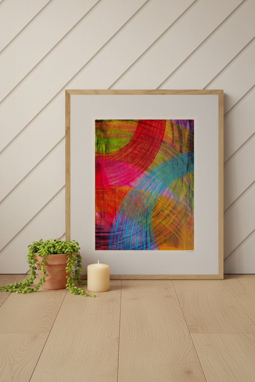 Pulse of Color giclée print leaning against a warm white wall on oak floor with terracotta pot and pillar candle