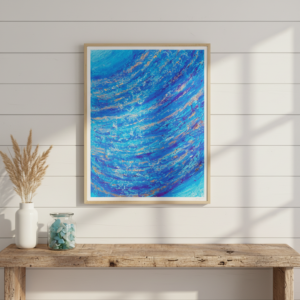 Movement of the Night giclée print hung on a whitewashed shiplap wall in a bright beach house living room