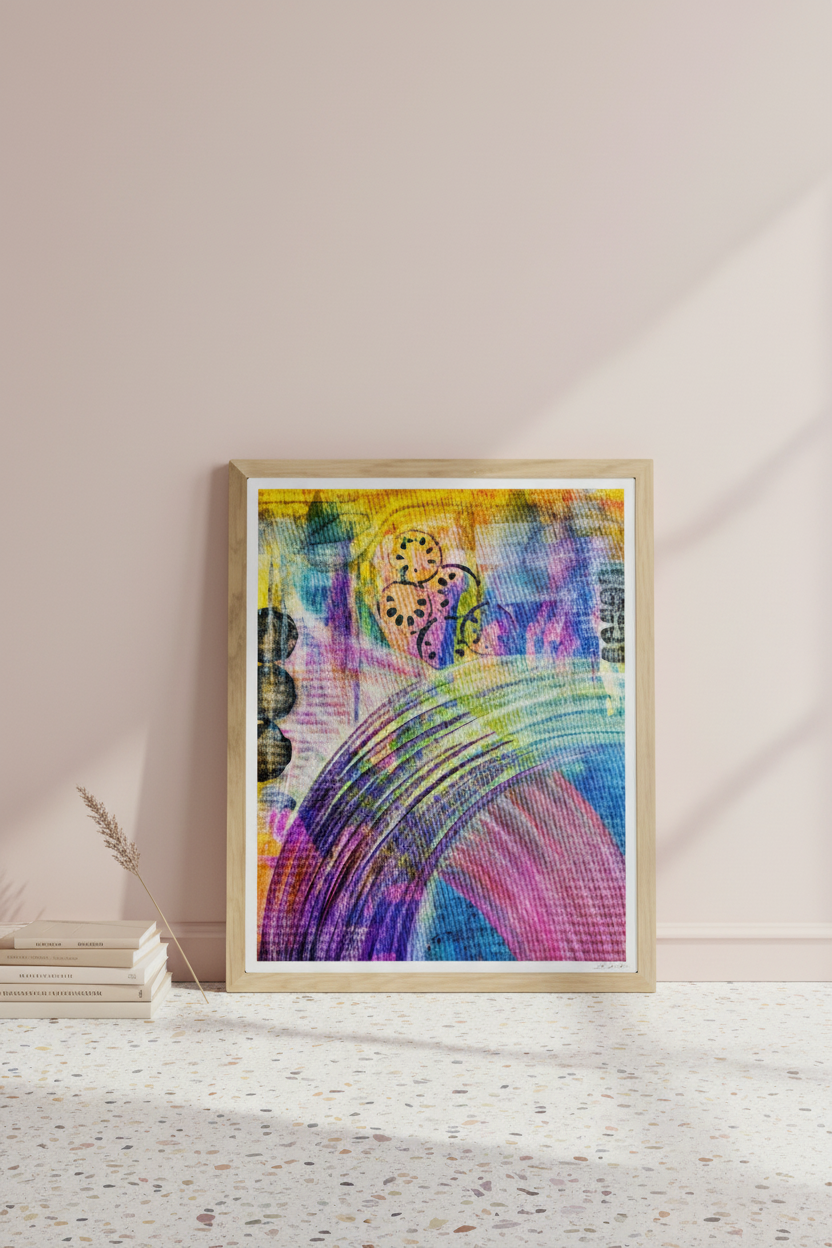 Currents of Thought giclée print leaning against a blush pink wall on terrazzo floor with art books and dried flower