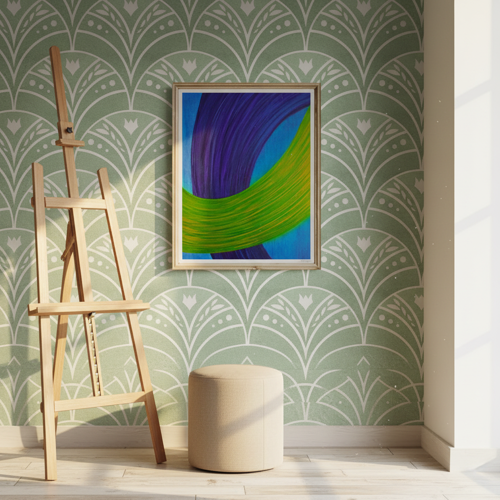 Duet of Ribbons giclée print hung on a sage green wall in a bright sunlit art studio