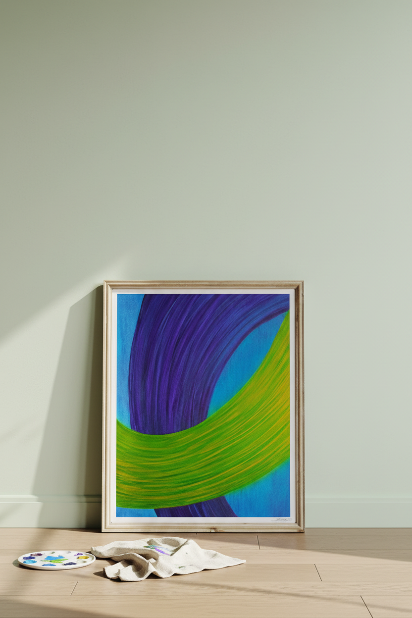 Duet of Ribbons giclée print leaning against a sage green wall on natural wood floor in an art studio